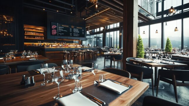 Dine and savor steakhouse interior restaurant table setting elegant ambiance indoor view inviting atmosphere for steak lovers
