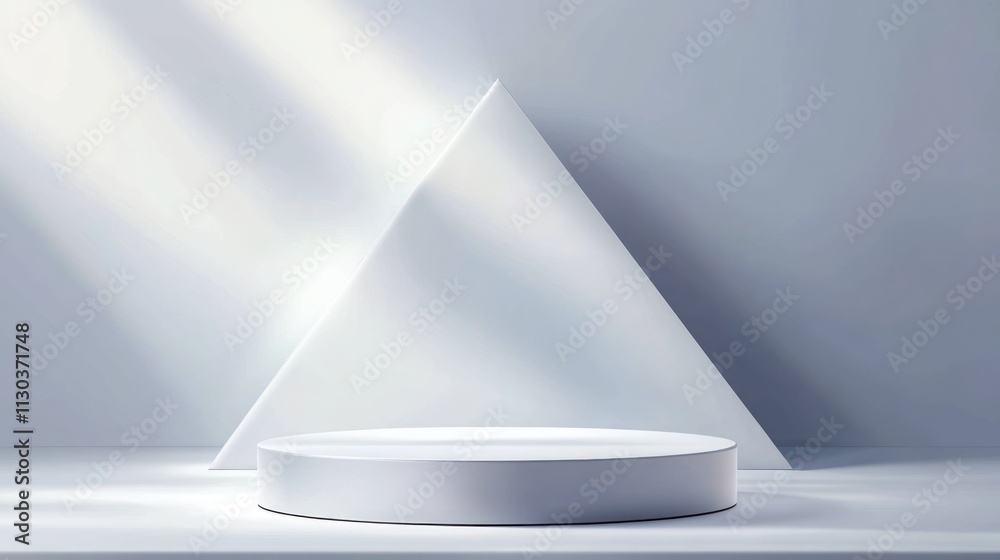 Poster A minimalist display featuring a white circular podium and a triangular backdrop.