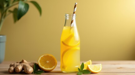 Fototapeta premium A refreshing bottle of lemon ginger drink with fresh lemon slices and ginger root on a wooden table, set against a warm yellow background