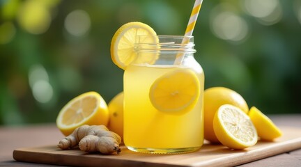 A refreshing glass of homemade lemon ginger juice with fresh lemons and ginger root on a wooden cutting board, evoking a sense of summer and wellness