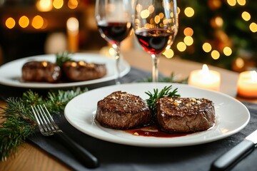 Romantic steak dinner for two intimate home setting food photography candlelit ambiance love and connection