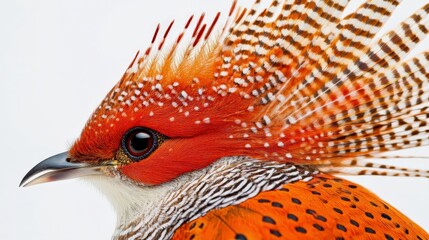 A feather from a royal flycatcher bird, featuring bold orange and red patterns with unique fringe edges