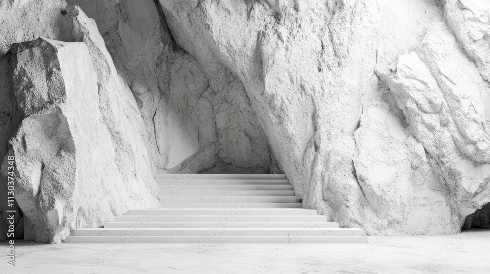Aufkleber a minimalist staircase set against a textured rock wall in a monochromatic environment.