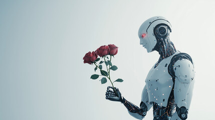 Android's Affection: A futuristic android, meticulously detailed, gently holds a bouquet of deep red roses, evoking a sense of unexpected tenderness and technological advancement.  