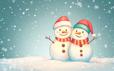 Cute cartoon snowmen smiling together in snowy winter scene