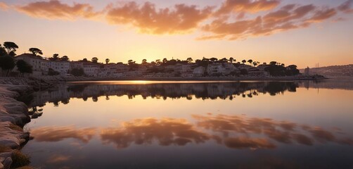 Obraz premium Sunrise reflections on the Tagus River at Cidade de Peniche, mirror, river, Tagus River
