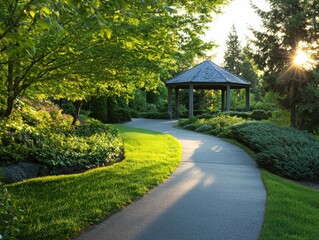Morning serenity garden pathway leading to gazebo landscaped nature scene tranquil environment illuminated viewpoint