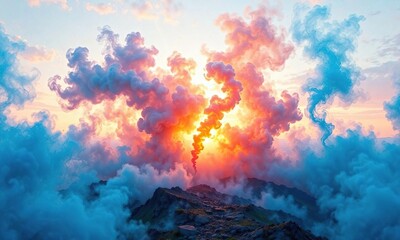 Naklejka premium Vibrant blue and orange smoke swirling around a mysterious landscape at dusk, orange smoke, blue smoke
