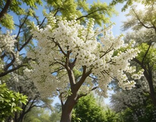 Fototapeta premium White blooming aesculus tree with branches reaching upwards, upwards, blooming tree, botany