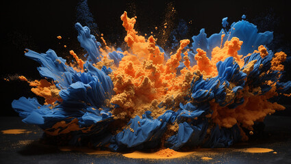 Fototapeta premium A vibrant explosion of orange and blue paint, creating a textured, abstract design.