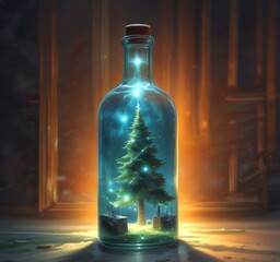Illustration of Christmas tree inside transparent bottle with decoration.