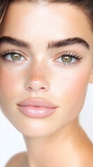 Fototapeta premium Lash Tech woman with beautiful lash extensions. White background beauty shot, medspa beauty editorial closeup eyes, gorgeous lashes instagram feed aesthetic esthetician full lashes volume