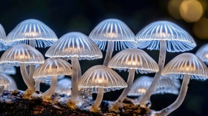 A macro shot of translucent fairy inkcap mushrooms clustered closely