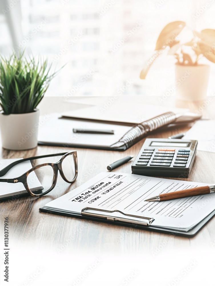 Poster a tax calculation sheet on a desk with a calculator and pen, emphasizing accuracy in computations
