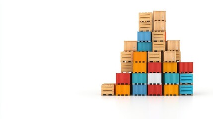 Obraz premium Colorful Stacked Shipping Containers in Various Sizes and Shapes Against a Plain Background for Transportation and Logistics Themes