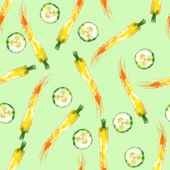 Watercolor vegetable carrot, cucumber pattern, juicy fresh. Watercolor illustration