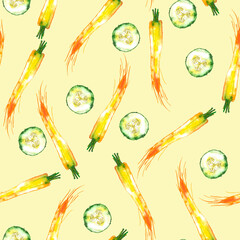 Watercolor vegetable carrot, cucumber pattern, juicy fresh. Watercolor illustration