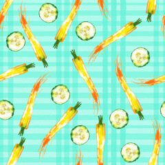 Watercolor vegetable carrot, cucumber pattern on cage background, juicy fresh. Watercolor illustration