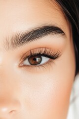 Fototapeta premium Lash Tech woman with beautiful lash extensions. White background beauty shot, medspa beauty editorial closeup eyes, gorgeous lashes instagram feed aesthetic esthetician full lashes volume