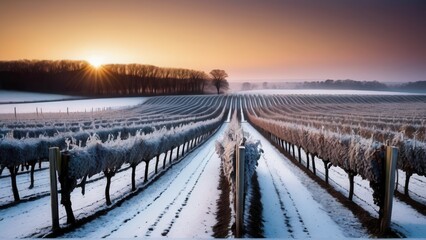 Fototapeta premium Picturesque Vineyard During Winter Sunset with Snow-Covered Rows and Golden Vines