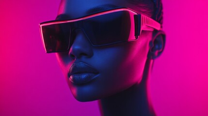 Close-up of a woman wearing futuristic sunglasses with pink lighting
