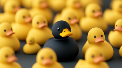 Yellow rubber ducks with one black duck among them