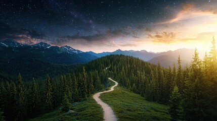 Winding mountain trail at dawn a vibrant sunrise illuminating a pine forest path under a fading starry sky