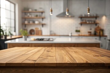 Fototapeta premium Wooden table on blur kitchen product display, visual layout, Isolated Background.