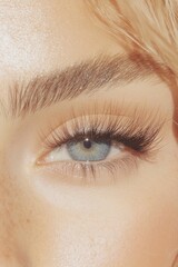 Obraz premium Lash Tech woman with beautiful lash extensions. White background beauty shot, medspa beauty editorial closeup eyes, gorgeous lashes instagram feed aesthetic esthetician full lashes volume