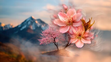 This enchanting double exposure image beautifully merges the delicate pink blossoms of cherry trees with a dreamy background