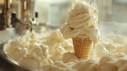 Creamy vanilla ice cream being dispensed into a cone from an ice cream machine, soft focus on the main subject, clean and simple composition with ample copy space