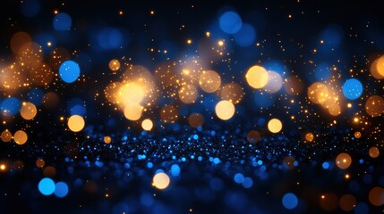 Obraz premium Abstract background with golden and blue lights, glittering bokeh. Black, dark night sky background. New Year, Christmas, or wedding card design