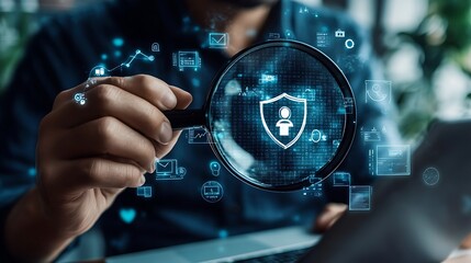 Businessman using a magnifying glass to show the security icon