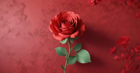 Handmade paper rose in red color on a floral background, floral arrangement, decorative paper, paper roses