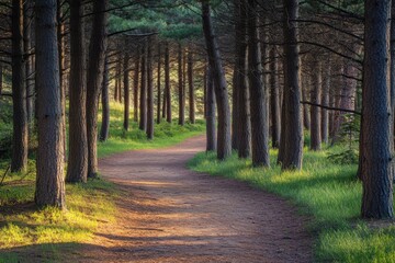 Fototapeta premium A serene path winding through a pine forest tranquil nature scene scenic landscape early morning light inviting environment peaceful retreat for mindfulness and reflection