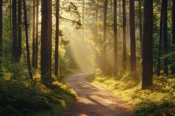 Obraz premium Tranquil path winding through dense pine forest serene nature scene captivating light rays peaceful environment lush greenery natural beauty for relaxation and inspiration