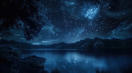 Starry night over tranquil lake.