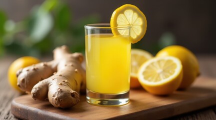 A refreshing ginger and lemon drink in a glass, with fresh ginger root and sliced lemons on a wooden board