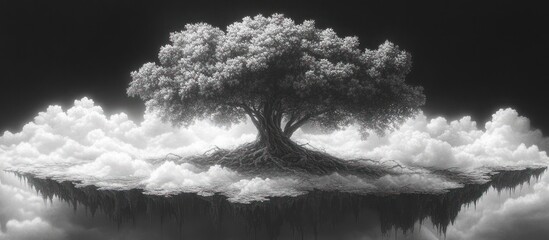 Fototapeta premium Monochrome tree on a floating island amidst clouds.