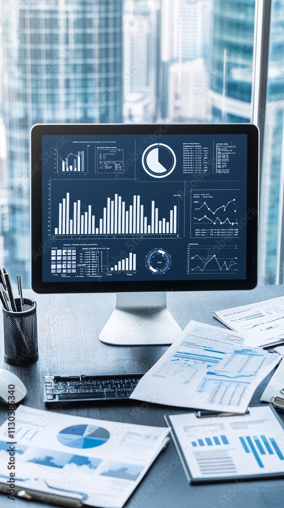Poster a desktop screen displaying a tax calculation software interface, surrounded by additional printed m