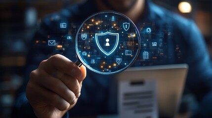 Businessman using a magnifying glass to show the security icon