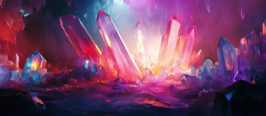 Obraz premium Vibrant Crystal Cave, glowing with magical light, red, pink, blue, purple crystals.