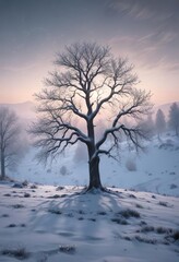 Snowy landscape with a lone tree in the foreground, its branches heavy with frost and twinkling lights , winter scenery, night sky,