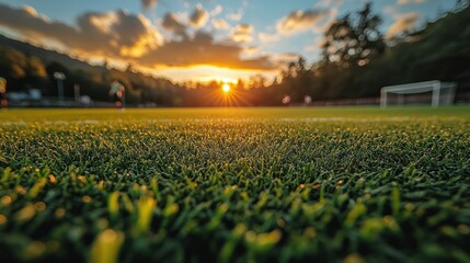 Sunset over soccer field, close-up grass.