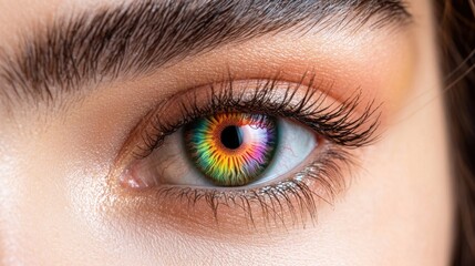 Fototapeta premium A close up image of a female eye with a colorful pupil resembling a vibrant rainbow, created using digital editing techniques.