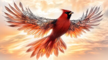 Fototapeta premium The photo collage features a majestic red bird with flaming feathers, soaring through the sky with intricate wire wings spread wide