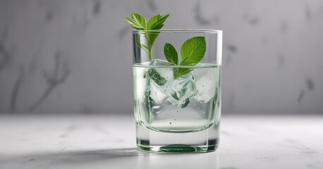 Glass of clear liquid with a small green garnish , martini glass, sophistication