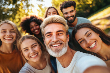 Obraz premium diverse group of young people in a park, older and young, adults, youth, friends, friendship, family, ethnicities, diversity, ethnic, faces, joyful, happy, high resolution, romance, dating, selfie
