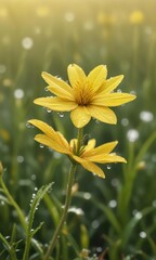 Obraz premium Macro image of yellow flower covered in dew on a windy field, dewy petals, morning dew, natural light, vibrant colors, close-up photography