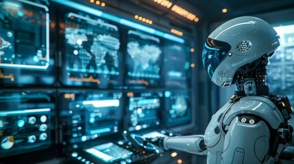 High-tech workspace featuring humanoid robots interacting with humans, smart screens displaying AI data, and automated systems working in harmony